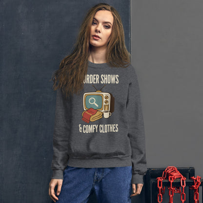 Murder Shows and Comfy Clothes cozy true crime crewneck sweatshirt — Dark Heather, on model