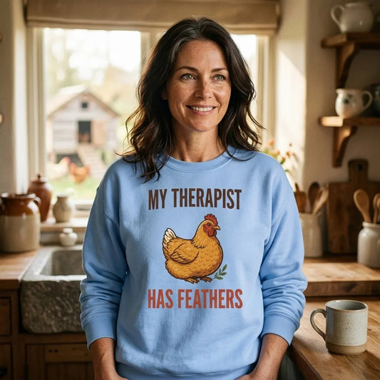 My Therapist Has Feathers funny chicken keeper crewneck sweatshirt — lifestyle