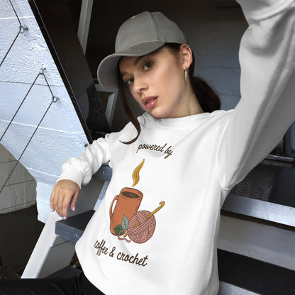 Powered by Coffee and Crochet cottagecore crochet crewneck sweatshirt — White, on model