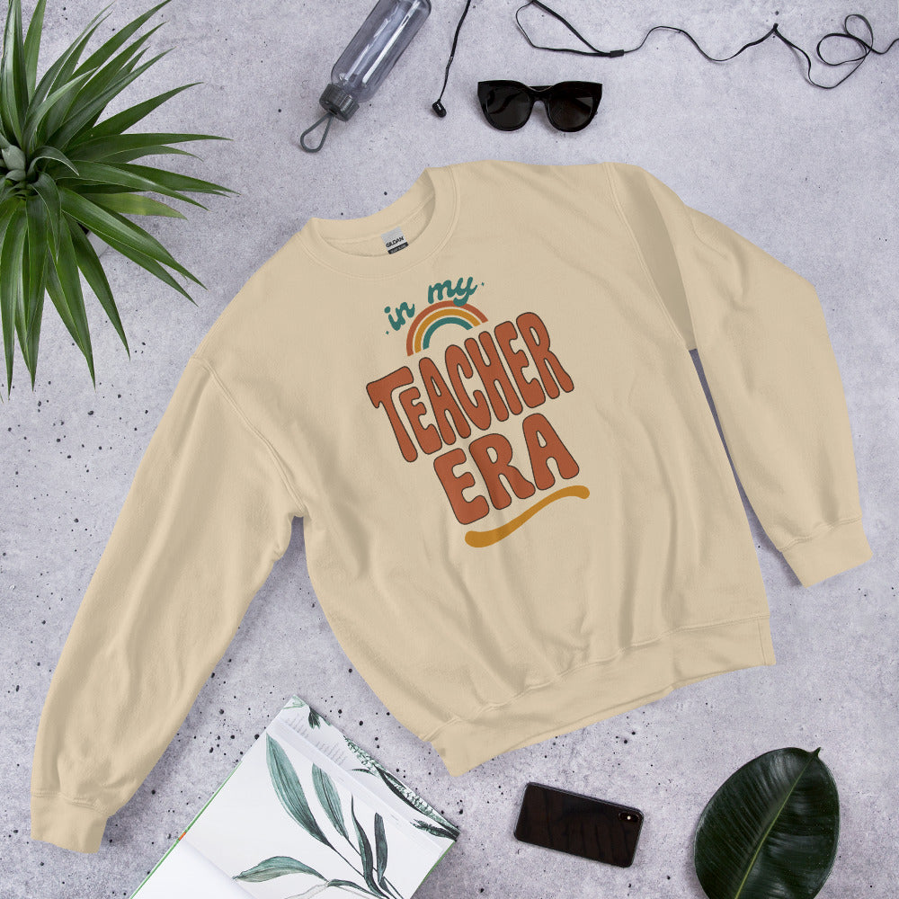 In My Teacher Era retro groovy teacher crewneck sweatshirt — Sand, front flat lay