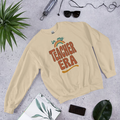 In My Teacher Era retro groovy teacher crewneck sweatshirt — Sand, front flat lay