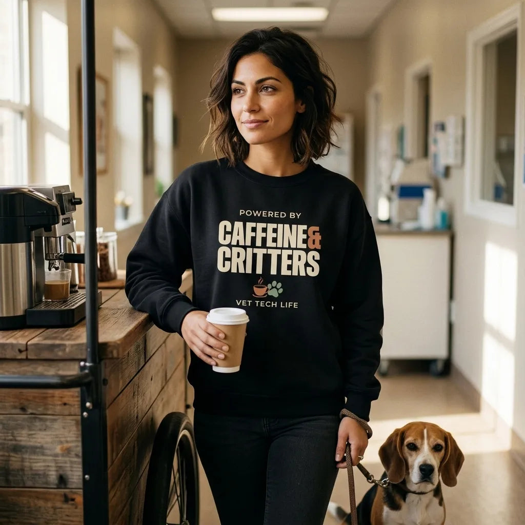 Powered by Caffeine & Critters funny vet tech crewneck sweatshirt — lifestyle