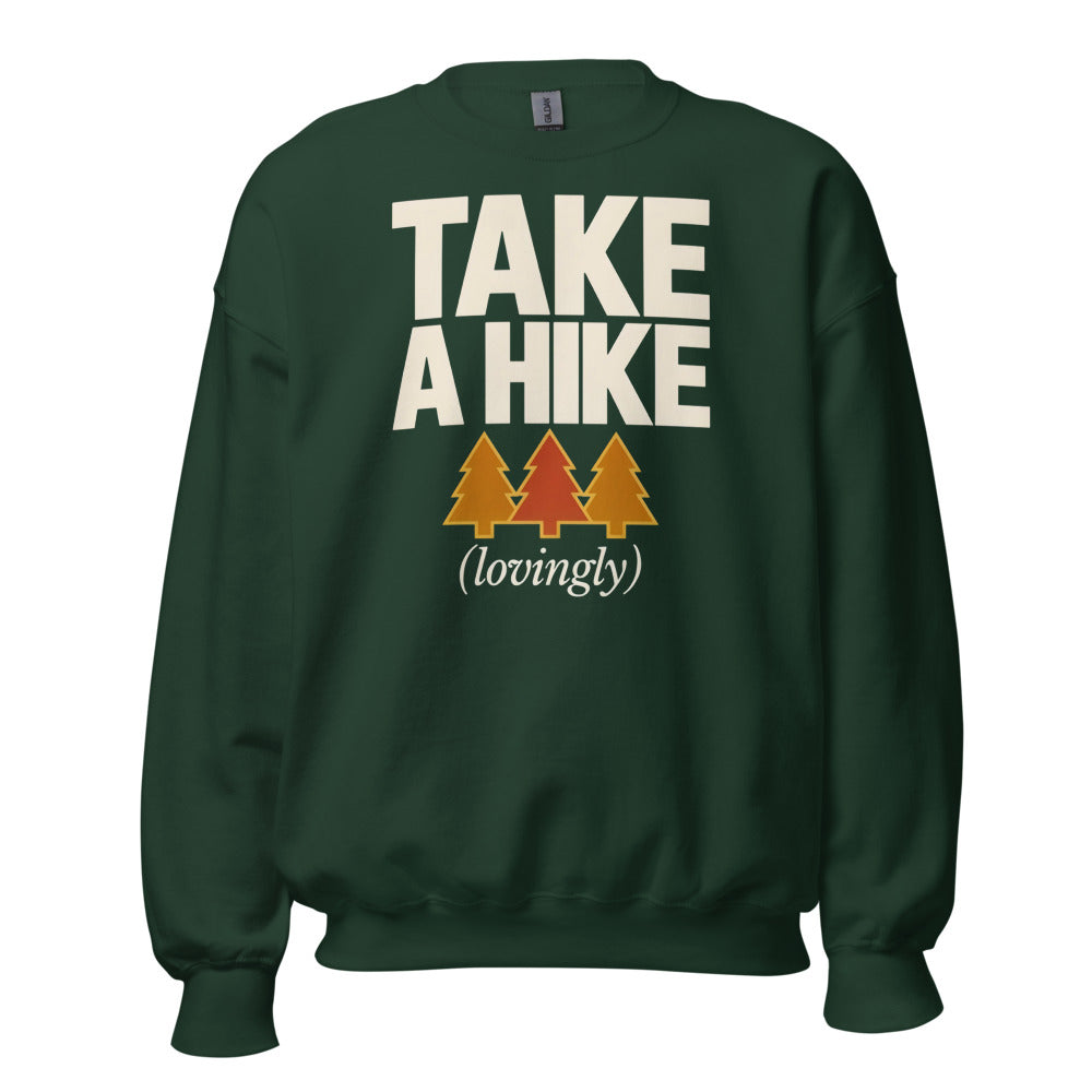 Take a Hike retro outdoors humor typography crewneck sweatshirt — Forest Green, front