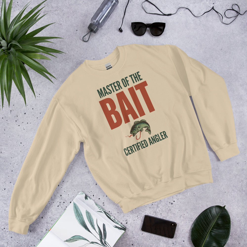 Master of the Bait retro fishing humor crewneck sweatshirt — Sand, flat front