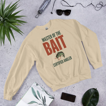 Master of the Bait retro fishing humor crewneck sweatshirt — Sand, flat front