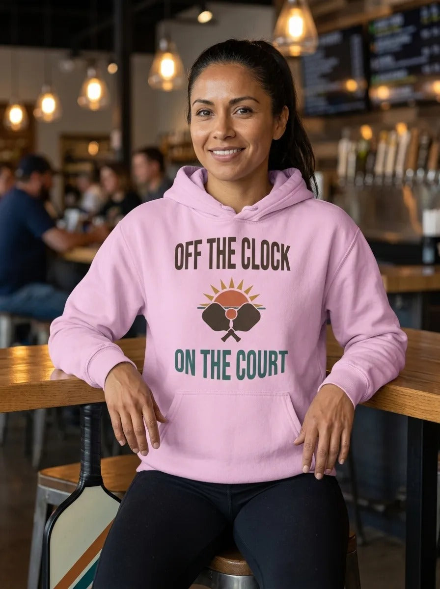 Off The Clock On The Court retro pickleball hoodie — lifestyle