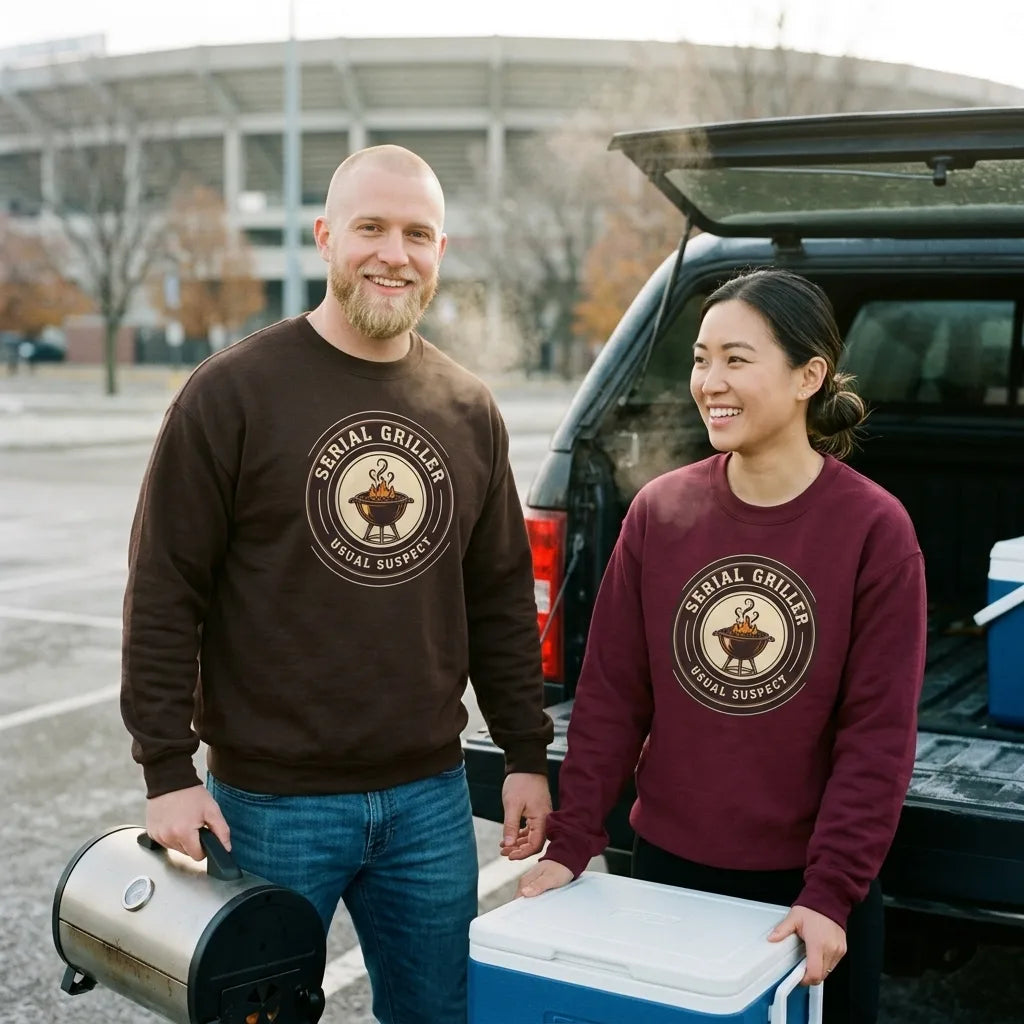 Serial Griller funny BBQ crewneck sweatshirt — lifestyle