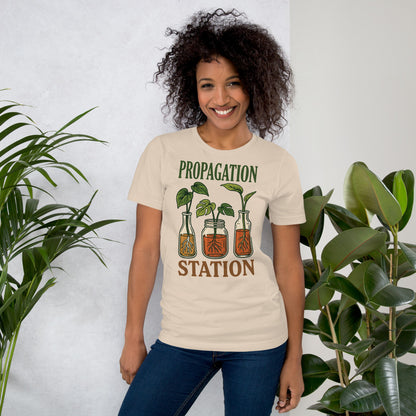 Propagation Station retro botanical plant lover tee — Soft Cream, on model