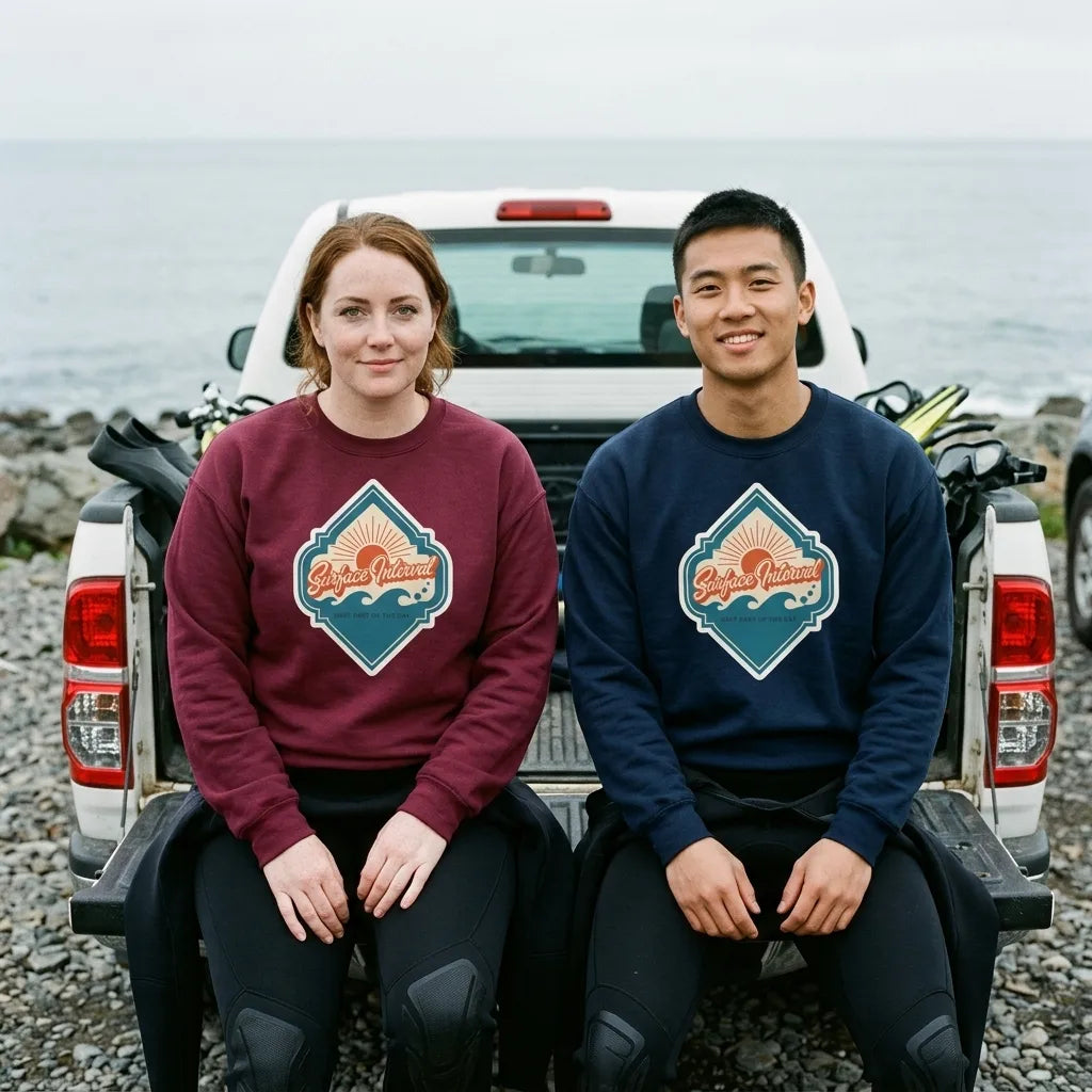 Surface Interval vintage scuba diving travel decal sweatshirt — lifestyle