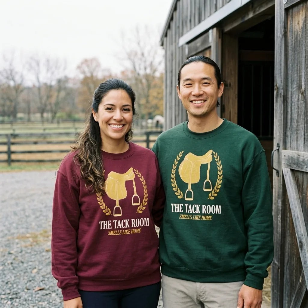 The Tack Room engraved equestrian saddle crest crewneck sweatshirt — lifestyle