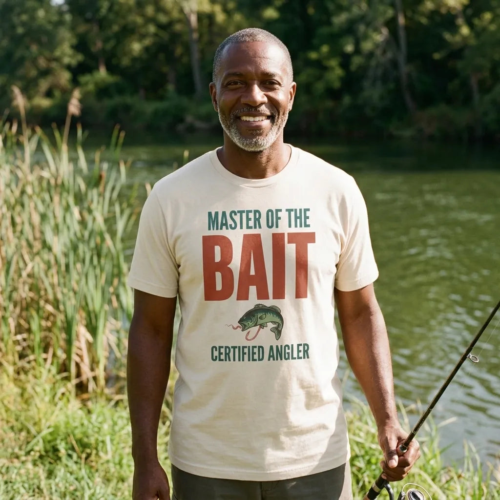 Master of the Bait funny fishing tee on an angler at a river bank — Soft Cream