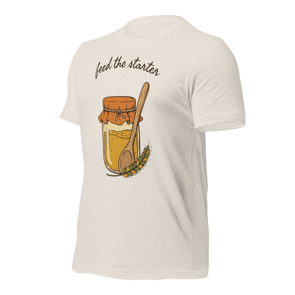 Feed The Starter sourdough baker tee — Heather Dust, front-right