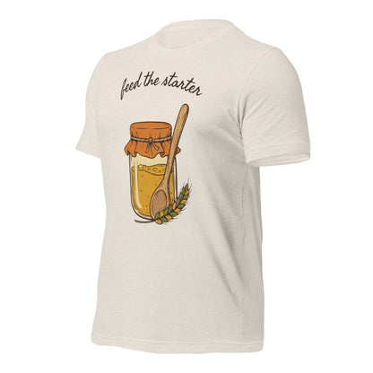 Feed The Starter sourdough baker tee — Heather Dust, front-right