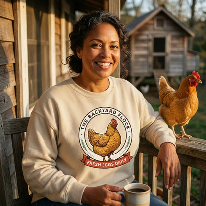 Backyard Flock heritage chicken keeper crewneck sweatshirt — lifestyle