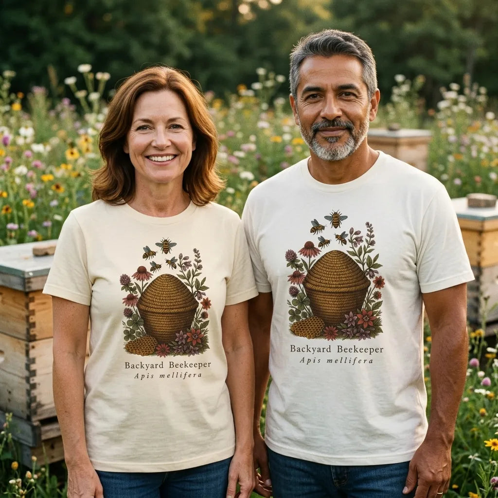 Backyard Beekeeper field-guide bee tee — lifestyle