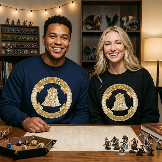 Dice Goblin Hoard Responsibly tabletop RPG crewneck sweatshirt — lifestyle