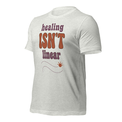 Healing Isn't Linear soft retro mental health tee — Ash, front right