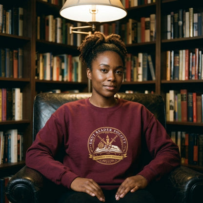 Smut Reader Society crewneck sweatshirt — Black woman reading in a cozy home library, Maroon
