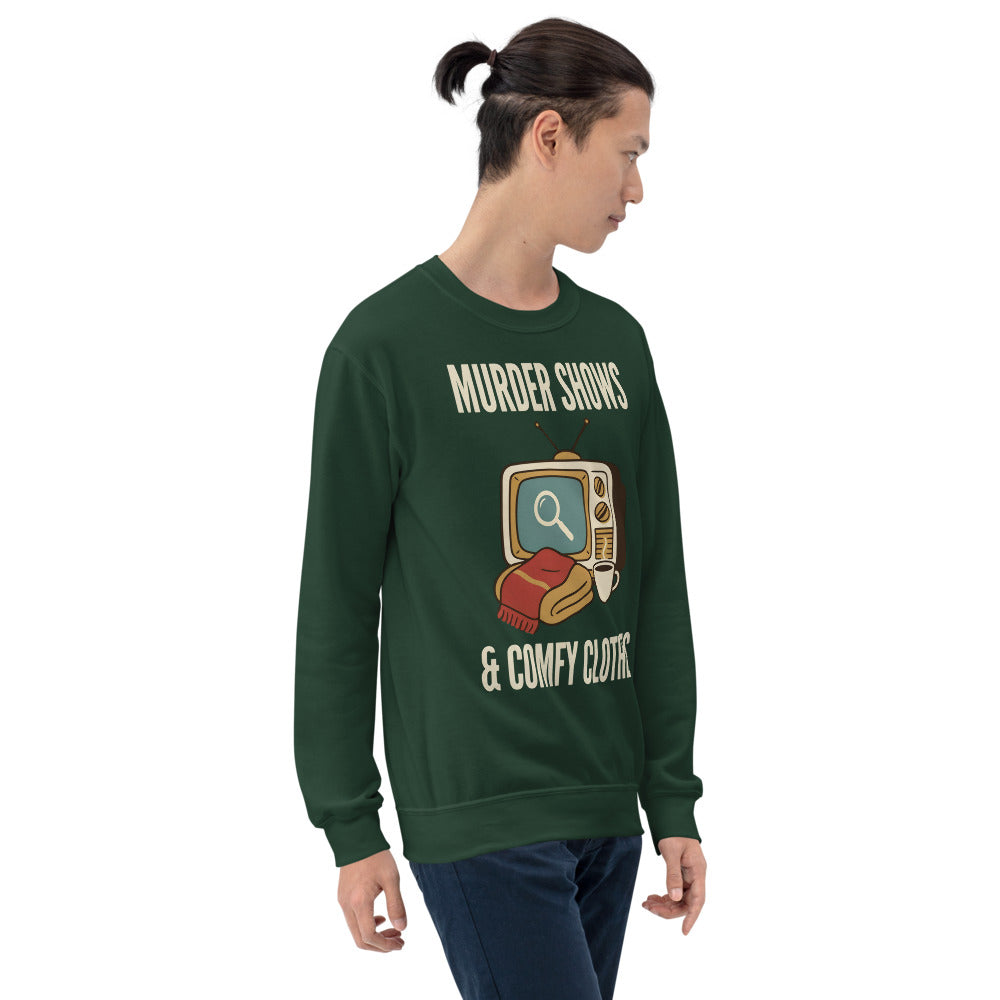 Murder Shows and Comfy Clothes cozy true crime crewneck sweatshirt — Forest Green, on model