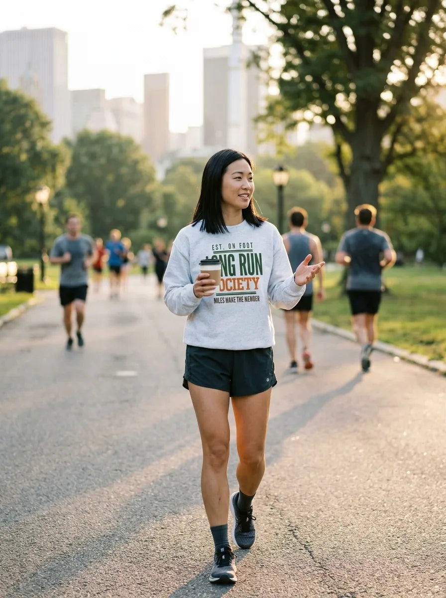 Long Run Society crewneck on a runner in Ash — golden-hour park, morning run club