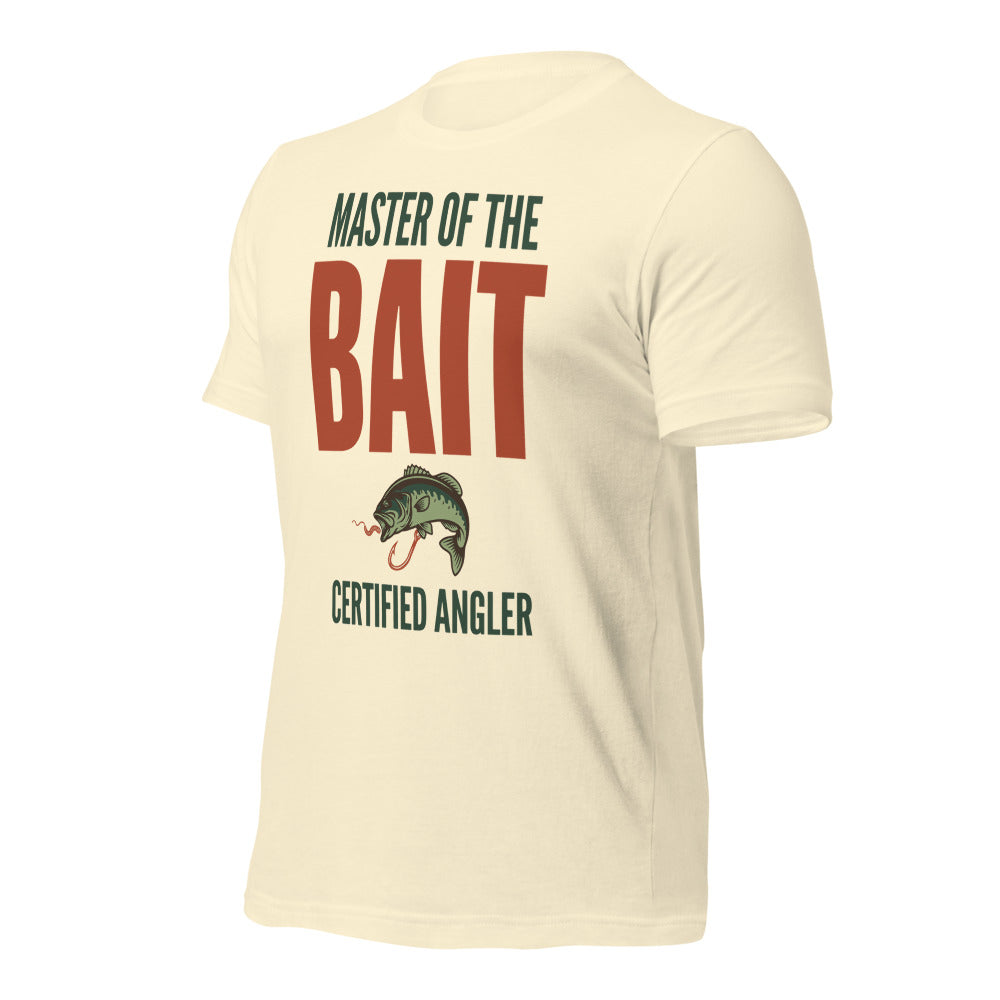 Master of the Bait retro fishing humor typography tee — Natural, front-right
