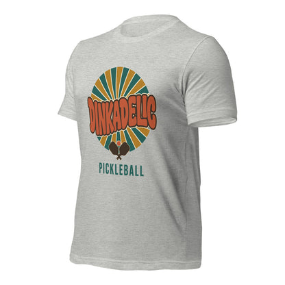 Dinkadelic retro 70s pickleball tee — Athletic Heather, front-right angle