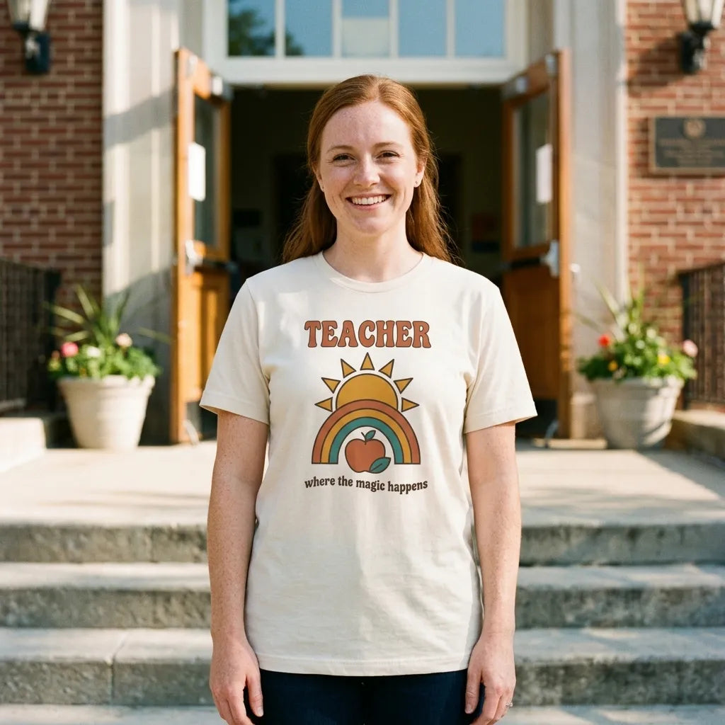 Teacher in a Soft Cream Where The Magic Happens retro groovy teacher tee on the school entrance steps