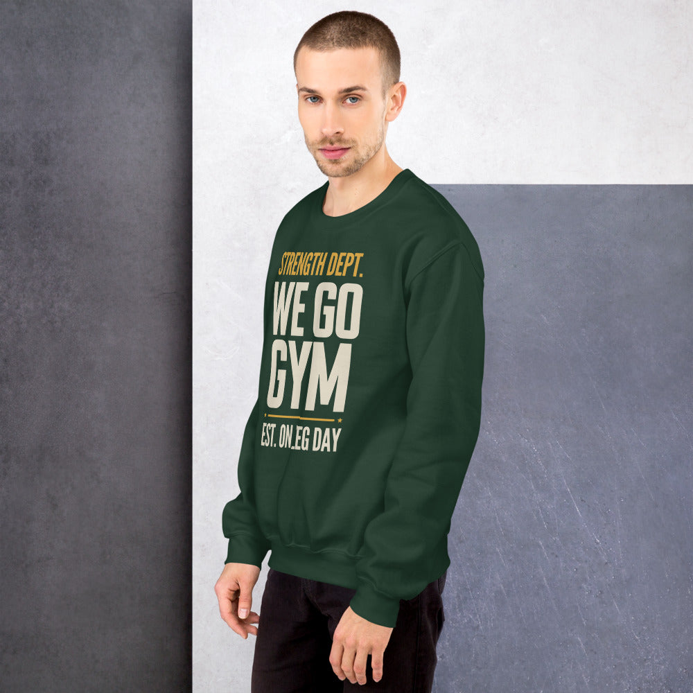 We Go Gym vintage athletic crewneck — Forest Green, model
