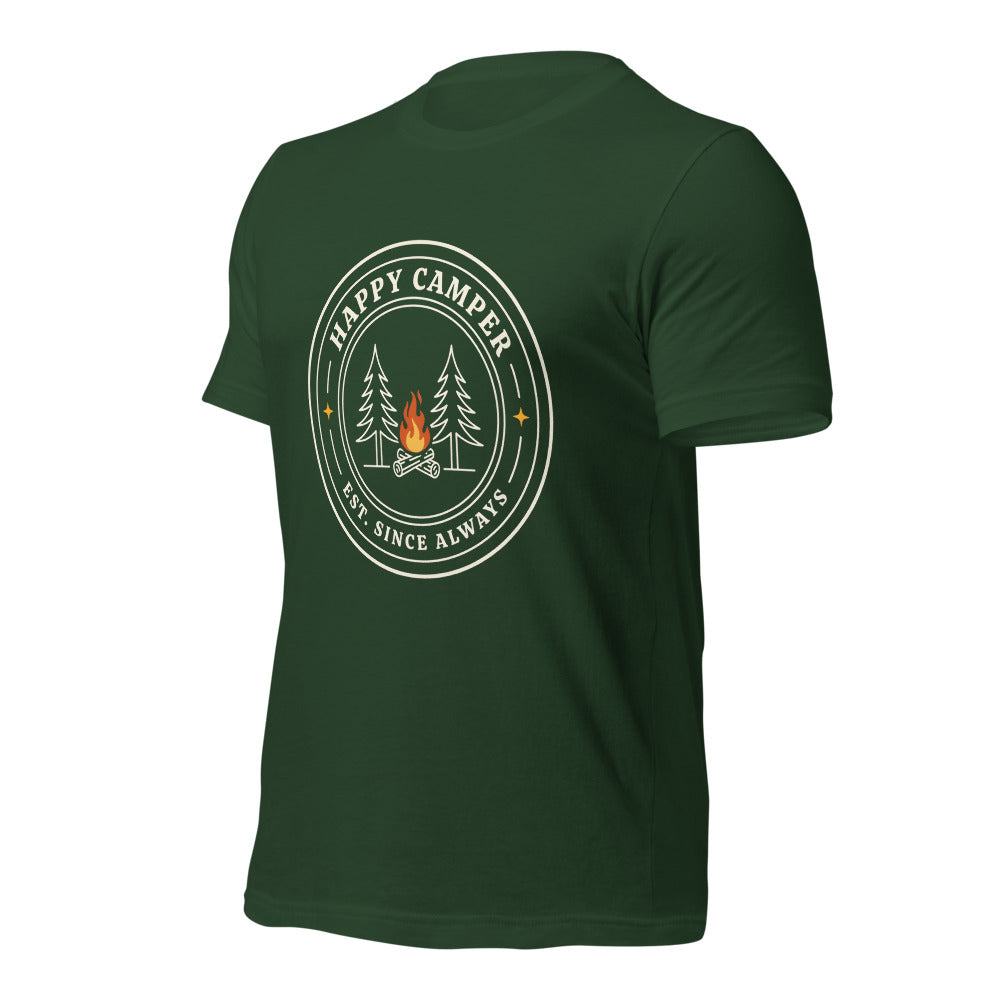 Happy Camper retro camp badge tee — Forest, front right