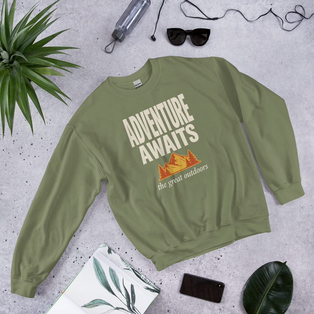 Adventure Awaits retro outdoors typography crewneck sweatshirt — Military Green, front right