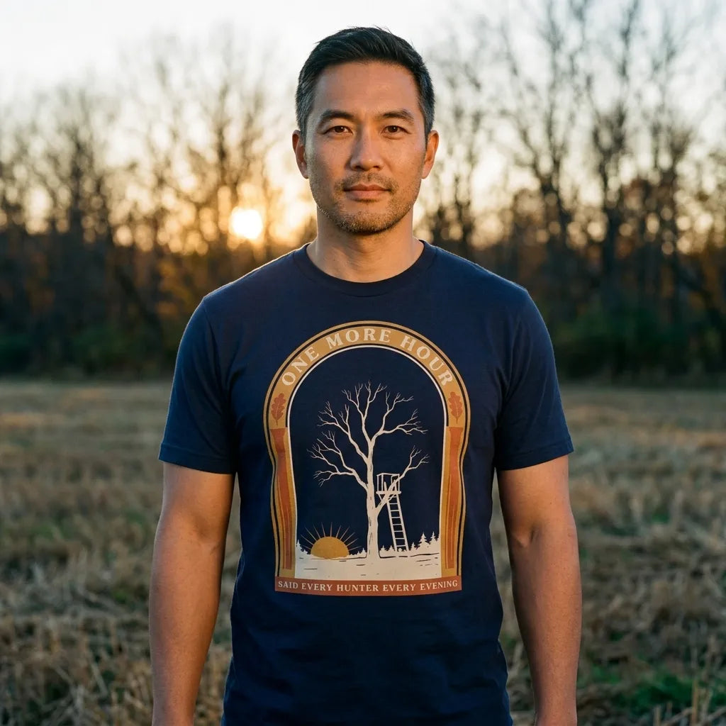 One More Hour funny deer hunting tee — lifestyle