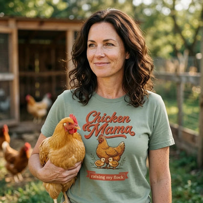 Chicken Mama raising my flock chicken keeper tee — lifestyle