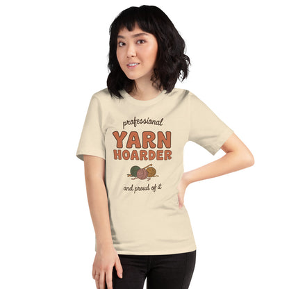 Model wearing the Professional Yarn Hoarder crochet tee — Heather Natural
