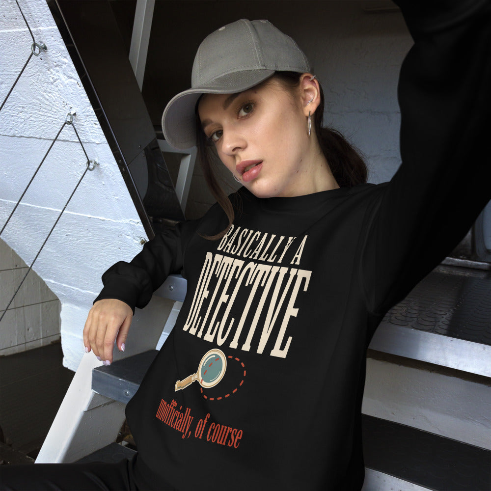 Basically a Detective vintage true crime crewneck sweatshirt — Black, on model