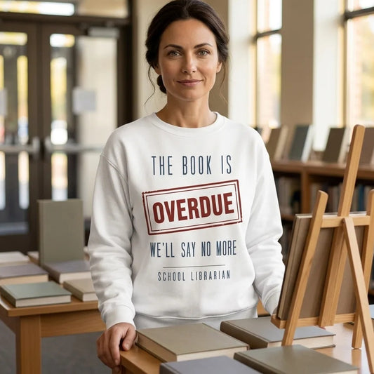 The Book Is Overdue funny school librarian crewneck sweatshirt — lifestyle