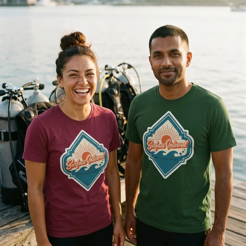 Surface Interval vintage scuba diving travel decal t-shirt — lifestyle