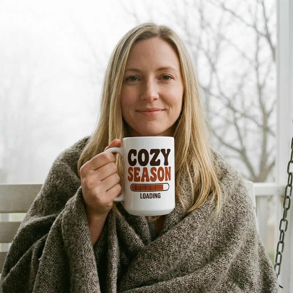 Cozy Season Loading retro 70s fall coffee mug — lifestyle
