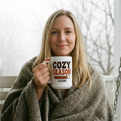 Cozy Season Loading retro 70s fall coffee mug — lifestyle
