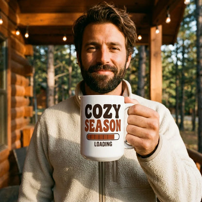 Cozy Season Loading retro 70s fall coffee mug — lifestyle