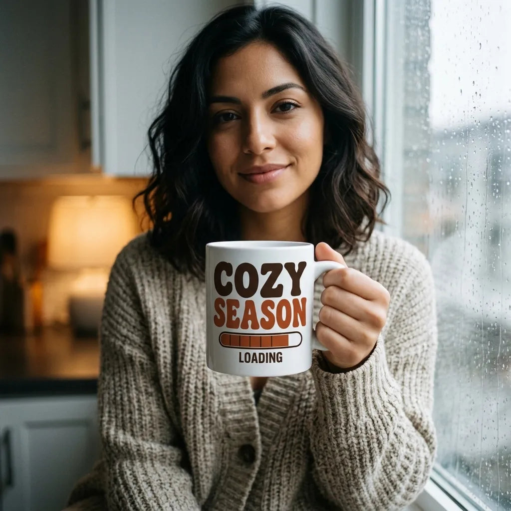 Cozy Season Loading retro 70s fall coffee mug — lifestyle