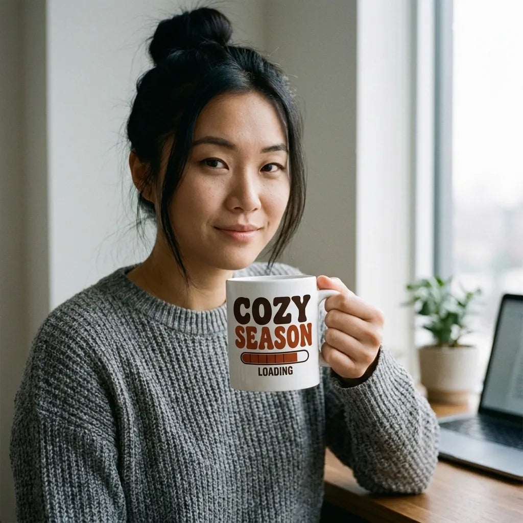 Cozy Season Loading retro 70s fall coffee mug — lifestyle