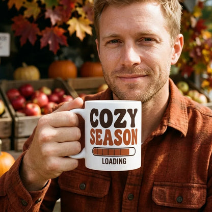 Cozy Season Loading retro 70s fall coffee mug — lifestyle