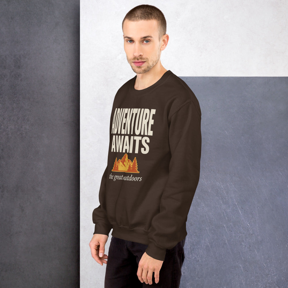 Adventure Awaits retro outdoors typography crewneck sweatshirt — Dark Chocolate, worn by model