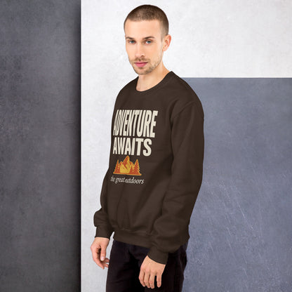Adventure Awaits retro outdoors typography crewneck sweatshirt — Dark Chocolate, worn by model