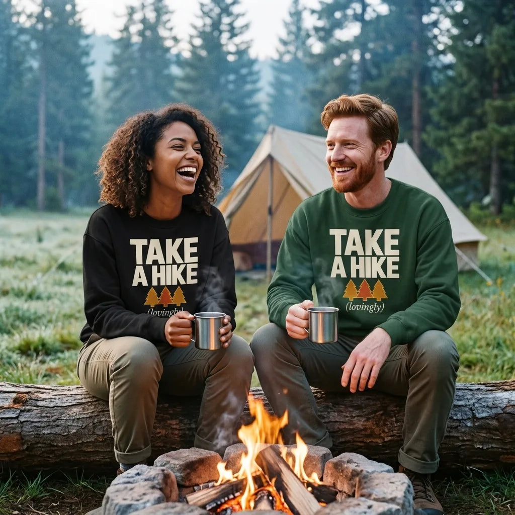 Take a Hike retro outdoors humor crewneck sweatshirt — two friends laughing at a morning campfire wearing Black and Forest Green