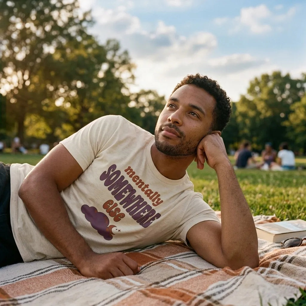 Mentally Somewhere Else soft retro daydream mental health tee — lifestyle