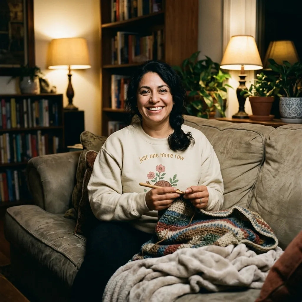 Latina woman relaxing on a cozy sofa with a crochet project, wearing the Just One More Row crochet crewneck in Sand