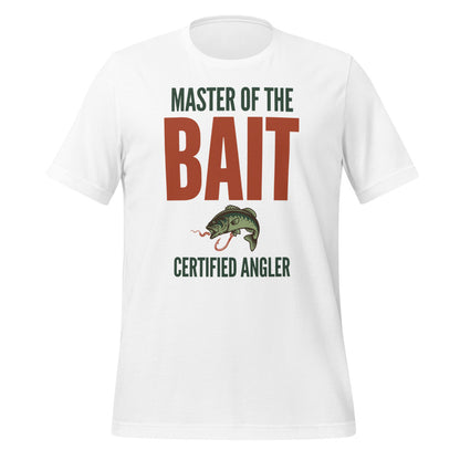 Master of the Bait retro fishing humor typography tee — White, front