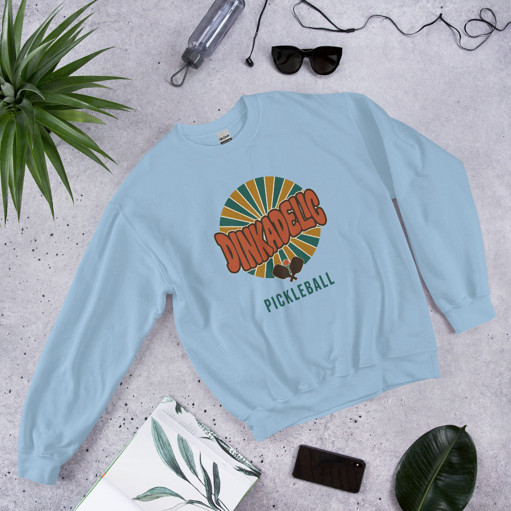 Light Blue Dinkadelic retro 70s pickleball crewneck sweatshirt ghost front right