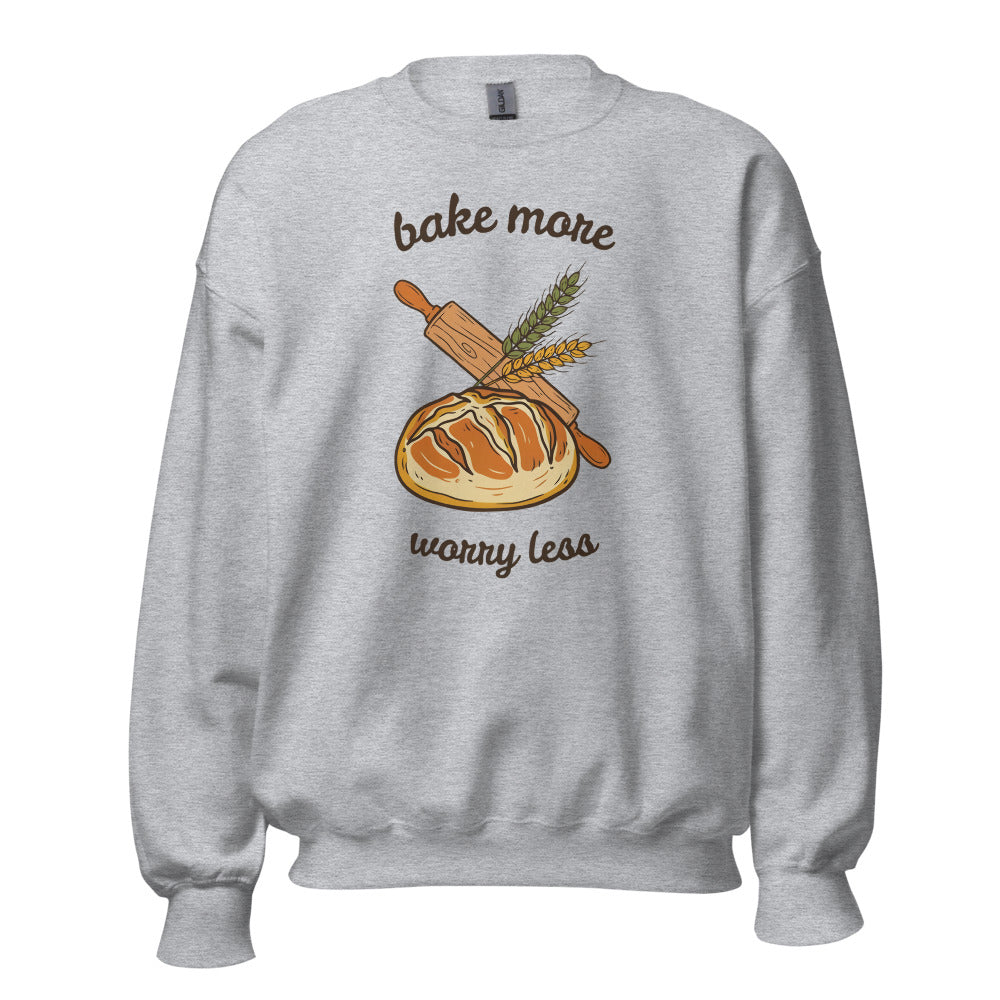 Bake More Worry Less retro kitchen sourdough crewneck sweatshirt — Sport Grey, front